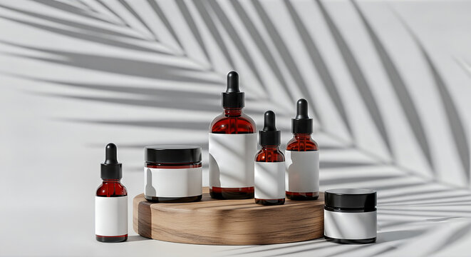 Minimalist cosmetic bottle mockup set on round wood slice with palm shadow amber glass skincare product packaging display with copy space