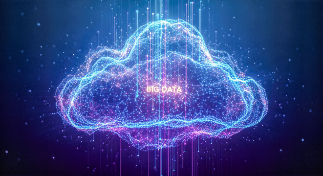 futuristic big data cloud technology background digital particles glowing lines representing artificial intelligence information storage blue cyber network computing science