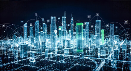 smart city technology concept showing futuristic urban architecture glowing network connection lines icons iot automation infrastructure communication system blue night background