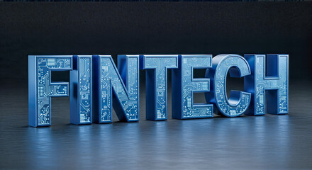 3d rendering fintech word text blue circuit board pattern isolated dark background financial technology digital money business banking cryptocurrency concept symbol
