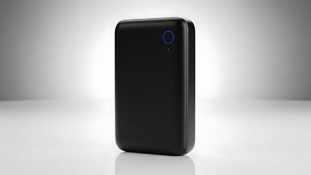 Black portable power bank with a digital display showing a full 100 percent charge.