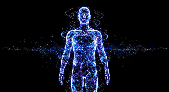 3d illustration digital human body silhouette glowing blue network lines particles black background artificial intelligence bio technology science cyber identity