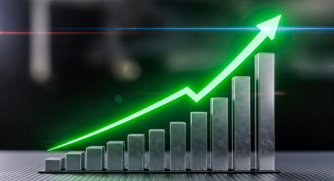 3d rendering metal bar chart rising green arrow isolated dark background business growth success financial profit market stock economic progress concept