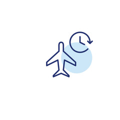 Plane symbol and clock. Boarding time reminder, flight schedule. Pixel perfect, editable stroke vector icon