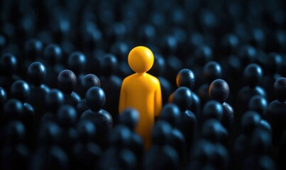 Obraz premium A bright yellow figure stands out among a crowd of dark figures, symbolizing individuality and uniqueness in a sea of uniformity.