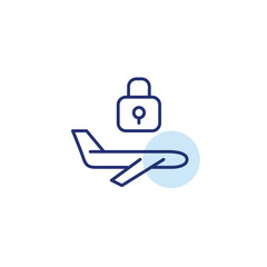 Plane flying and lock. Aviation safety, secure travel management. Pixel perfect, editable stroke vector icon