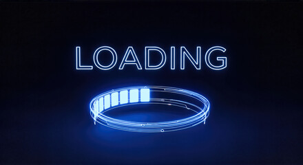Neon blue loading text circle progress bar symbol glowing interface isolated black background internet download speed waiting website system update