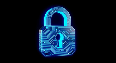 3d illustration glowing blue circuit board padlock icon isolated black background cyber security digital data protection encryption safety privacy concept