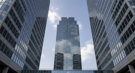 Three modern high-rise office buildings create a dramatic geometric frame against a bright sky.