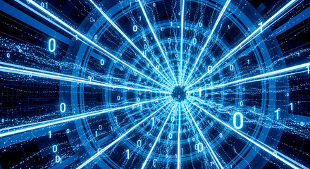 3d rendering blue binary code tunnel digital data flow speed background abstract cyber information technology internet matrix stream future science