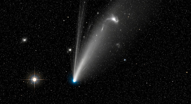 deep space background showing bright comet tail passing stars nebula galaxy universe astronomy science cosmos astrology exploration mystery concept