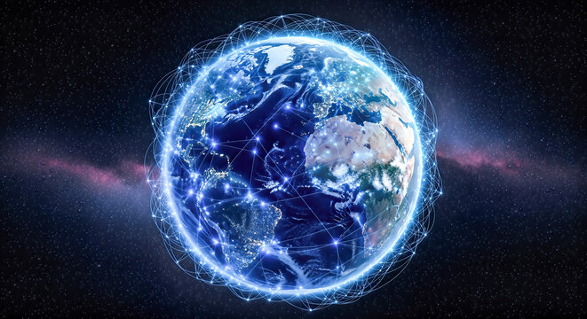 3d rendering planet earth glowing network connection lines orbit space background global communication technology internet digital system data exchange concept