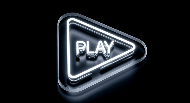 Neon blue glowing play button triangle symbol isolated black background media player music video interface start streaming entertainment internet sign