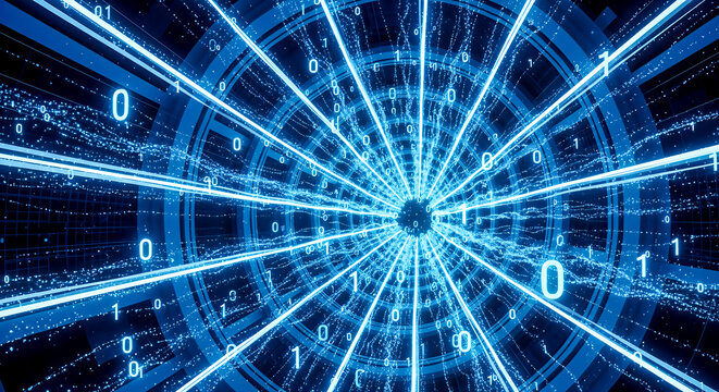3d rendering blue binary code tunnel digital data flow speed background abstract cyber information technology internet matrix stream future science