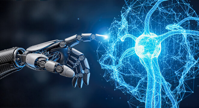 Futuristic robot hand touching glowing blue digital neuron brain network background artificial intelligence technology science cyber connection future innovation concept - Powered by Adobe