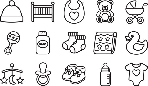 A collection of adorable baby essentials: The image presents a charming collection of baby-related items, including a crib, bib, teddy bear, stroller, rattle, powder, socks, blanket, duck, mobile.