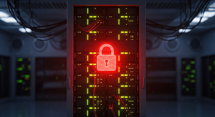Glowing red padlock symbol on computer server rack cabinet in data center room cybersecurity danger warning digital protection failure hacking attack virus concept