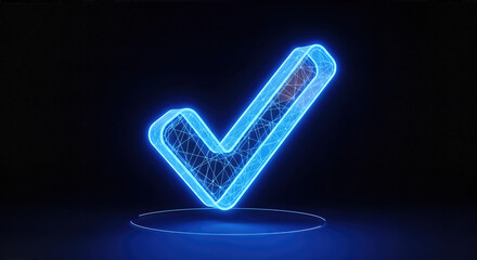 Glowing blue wireframe check mark floating in dark space network security and blockchain validation symbol concept