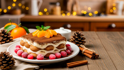 Fragrant tiramisu with cocoa, mandarin slices, and cranberries on a wooden kitchen table among pine cones and cinnamon sticks. A cozy, festive atmosphere with a delicious dessert.