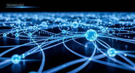 Abstract blue technology background with glowing connection lines and nodes showing digital communication network internet data transfer system futuristic science web structure concept