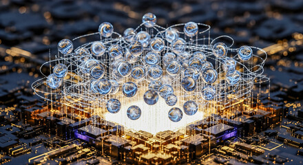 Abstract artificial intelligence neural network technology background with glowing blue spheres connected by lines on golden microchip computer processor digital data transfer concept