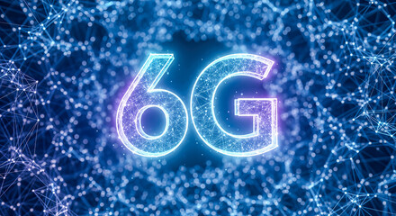 Futuristic 6g technology concept with glowing blue polygon mesh text internet speed network connection background digital communication innovation data transfer system