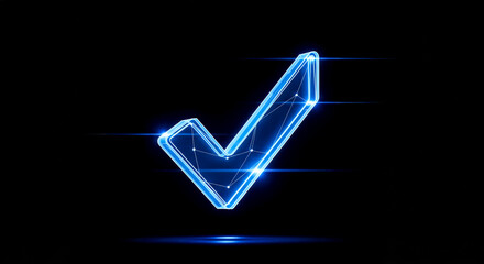 Neon blue check mark with internal wireframe glowing in dark space for secure login and authentication concept