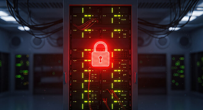 Glowing red padlock symbol on computer server rack cabinet in data center room cybersecurity danger warning digital protection failure hacking attack virus concept - Powered by Adobe