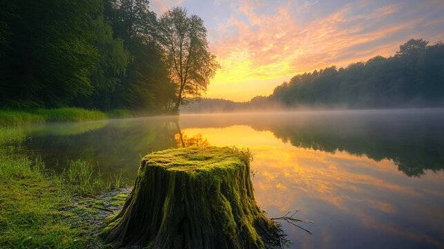 Dreamy sunrise reflecting on tranquil lake with mossy tree stump in forest