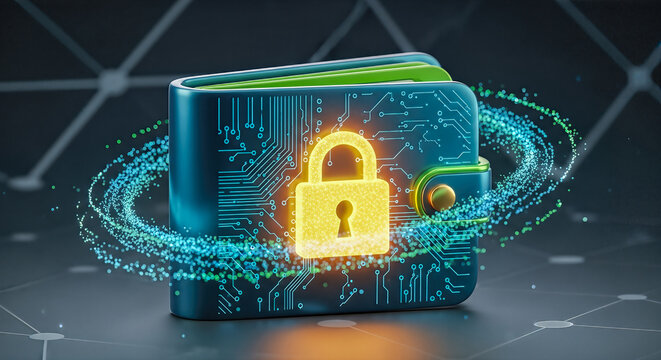 Digital crypto wallet security concept with glowing yellow padlock on blue leather purse electronic circuit board background financial data protection symbol