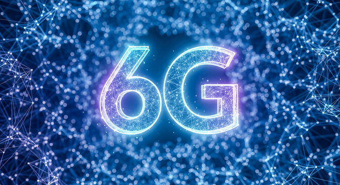 Futuristic 6g technology concept with glowing blue polygon mesh text internet speed network connection background digital communication innovation data transfer system