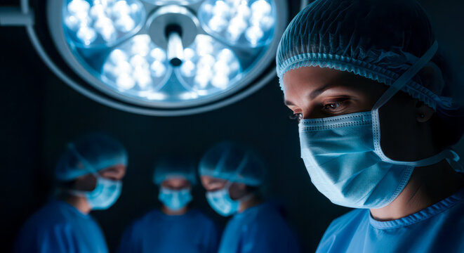 Medical surgery concept with female surgeon in operating room, professional doctor and team performing critical life saving procedure in modern hospital