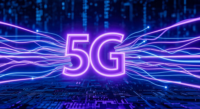 Neon violet 5g text with high speed light trails on dark technology background wireless internet network connection digital communication innovation concept