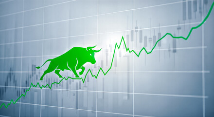 green bull silhouette running on financial chart graph line showing strong market growth investment trend rising profit concept