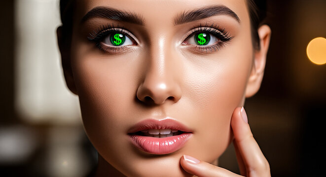 Close up of beautiful woman face with green dollar signs in eyes concept greed money wealth financial success obsession rich currency - Powered by Adobe