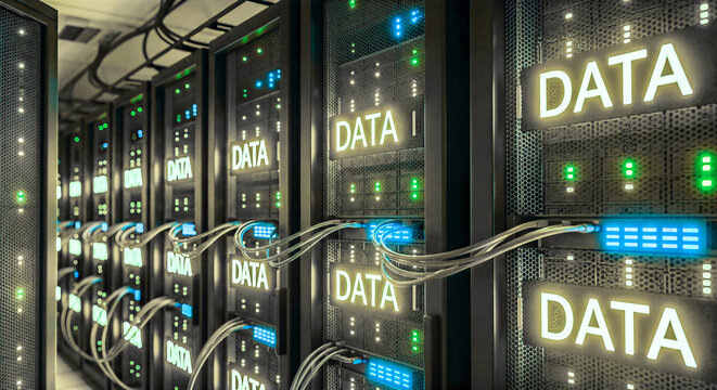 row of illuminated data server racks in computer room with glowing text big data storage digital technology concept