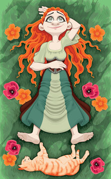 A happy girl lying in a meadow with her cat. Vector cartoon illustration.
