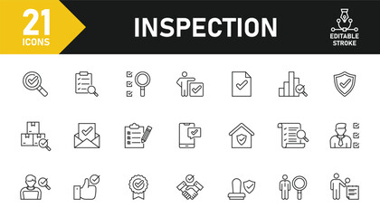 Inspection line icon set. Set of 21 outline icons related to inspection, examination, quality control, testing, check and others. Editable stroke. Vector illustration.