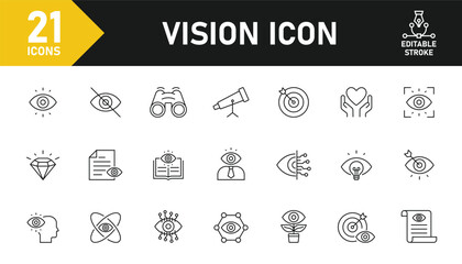Vision line icon set. Set of 21 outline icons related to vision, mission, values, eye, view, core values, supervision, focus, witness, visible and others. Editable stroke. Vector illustration.