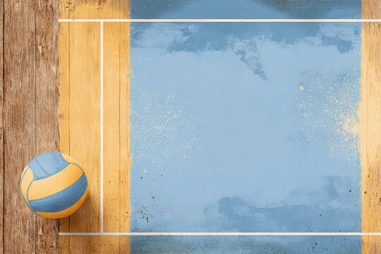 A volleyball sits on a wooden court with a blue background - Powered by Adobe