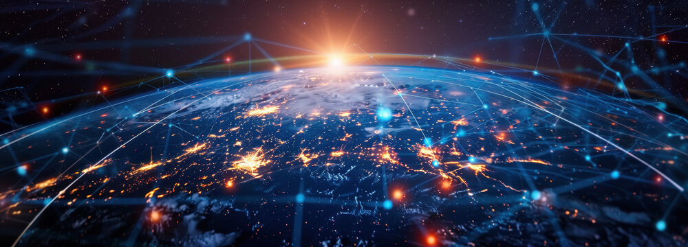 Global Network Connectivity: A mesmerizing digital tapestry showcasing the interconnectedness of our world, with data streams weaving across the earth.