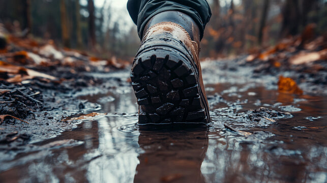 Hiking boot steps confidently through a muddy puddle in a forest path