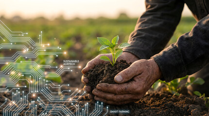 Farmer holding seedling in hands, promoting sustainable agritech and smart farming