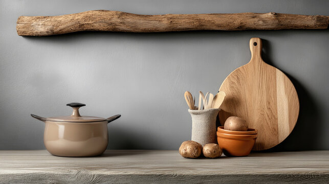 Country kitchen counter with an enamel cooking pot and rustic wooden board, utensils, fresh potatoes, natural wood shelf and generous copy space for recipes or design