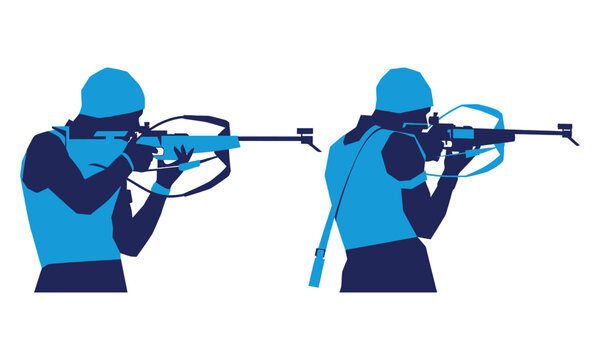 Two biathletes in silhouette aiming their rifles during a winter sports competition silhouette