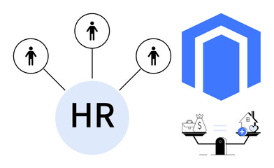 Human resources concept. Human resource management and recruitment process with connected figures and finance-related elements. Human resources strategy for workforce, hiring tools, organizational