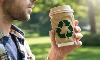 Man enjoys eco-friendly coffee in nature, showcasing conscious lifestyle choice
