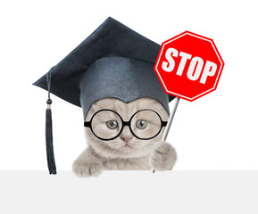 Cute smart kitten wearing eyeglasses and black graduation cap looking aove blank white board and showing stop sign. isolated on white background. Empty space for text