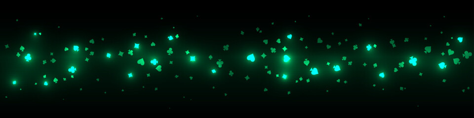 Casino pattern. Green flying glowing playing cards on black background. Sparkling hearts, clubs, diamonds and spades on dark. Online casino concept. Luxury vector illustration.