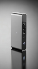 Modern metallic multiport USB hub and charging station on a reflective surface.
